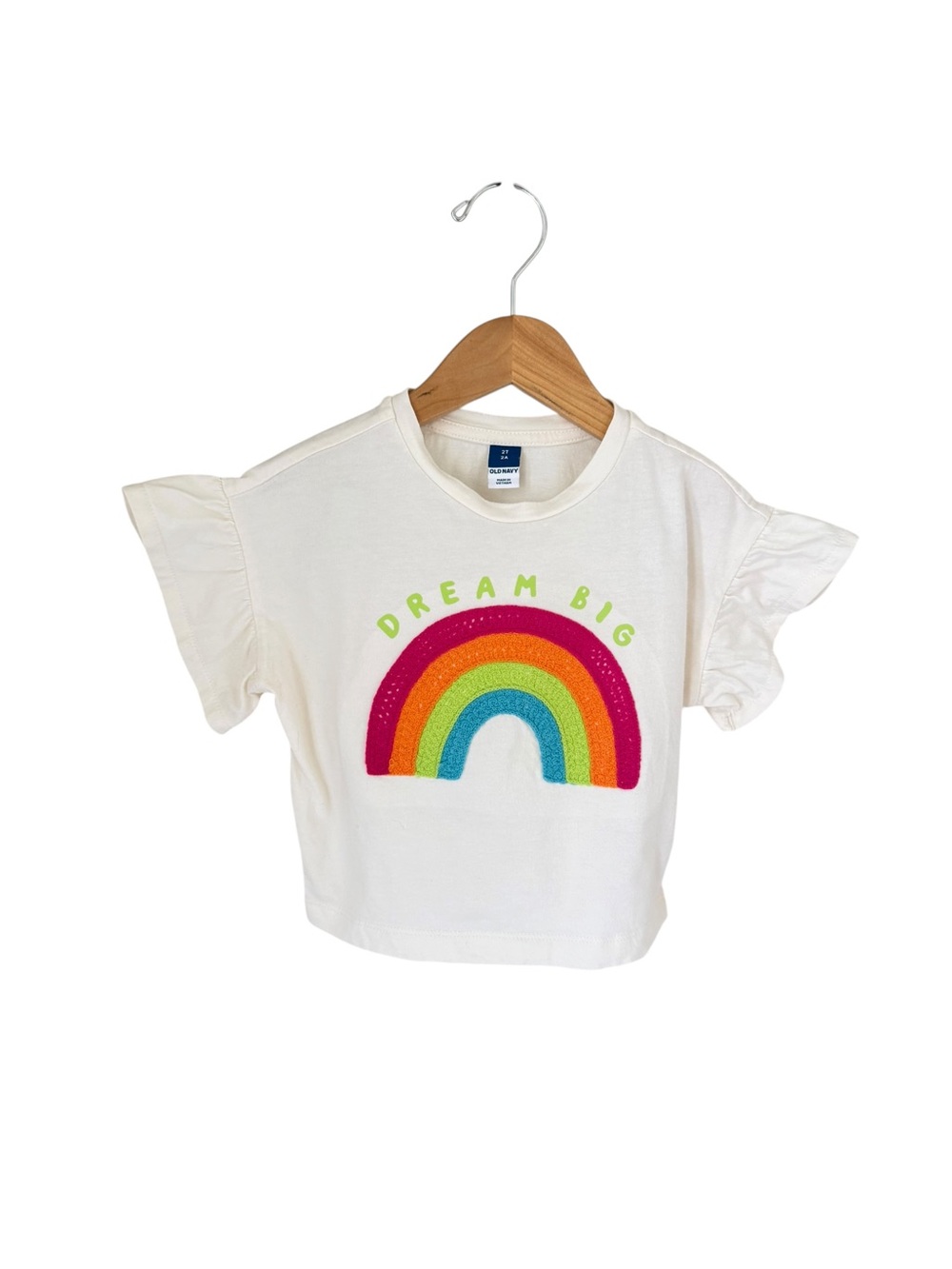 Old Navy White Tee with Bright Crochet Rainbow 'Dream Big' Graphic